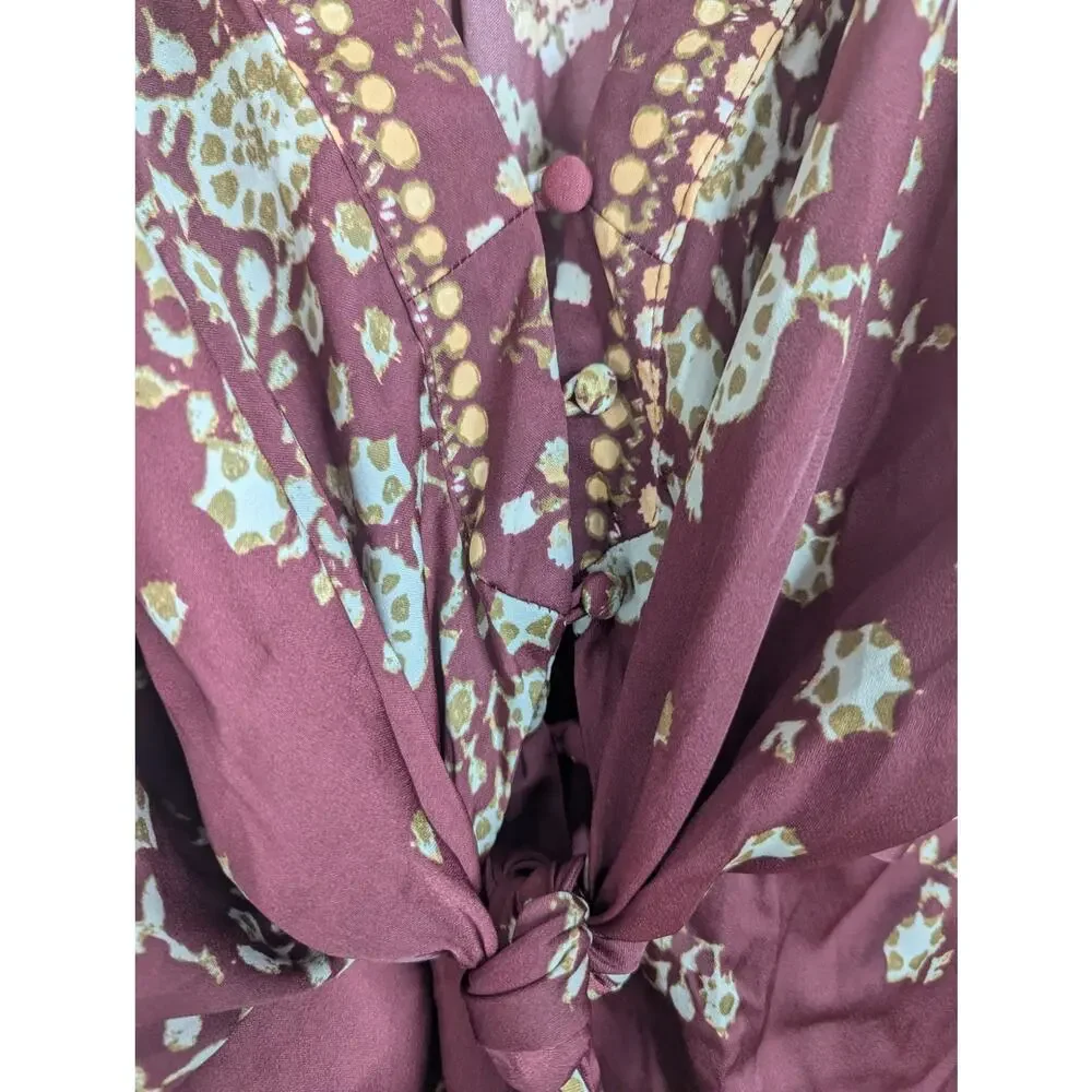 Free People Run Free Floral Tie Button Front Long Sleeve Blouse Boho